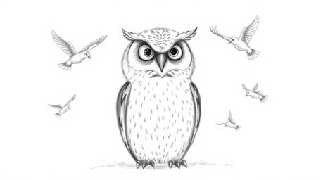 A captivating hand-drawn sketch in Pixar style depicts a blind owl with soft, expressive features, patiently sitting as young