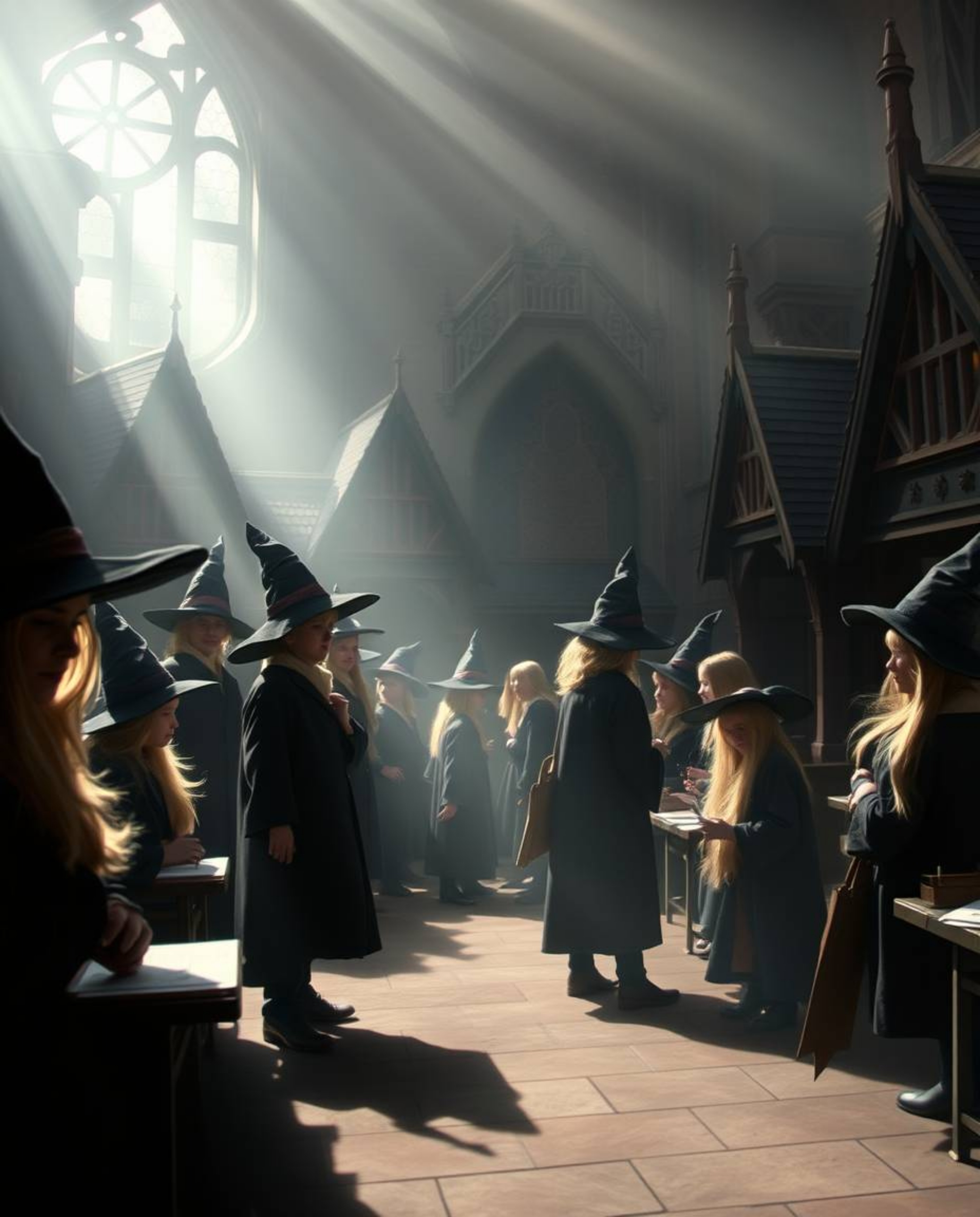Immerse yourself in a magical school brimming with young wizards, bathed in soft, hazy light that creates a dreamy and ethere