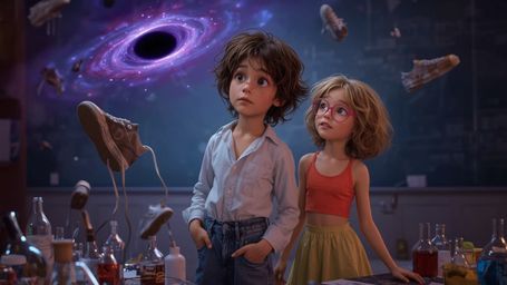In a vibrant, cinematic photograph rendered in a hyper-realistic, Pixar-inspired style, a dynamic science fair duo unwittingl