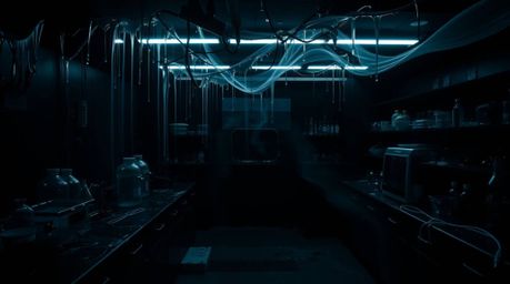 A captivating image showcasing long-exposure photography of a slime-covered science lab.  The intense jet black background hi