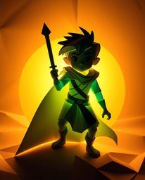 A brave hero embarks on a Disney-style desert adventure, brought to life with intricate origami detail. Bioluminescent colors