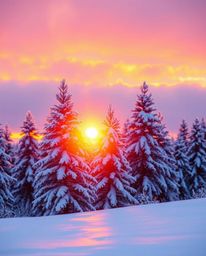 A vibrant photograph captures the enchanting moment of sunset light sparkling on snowy pine trees. This image is defined by i