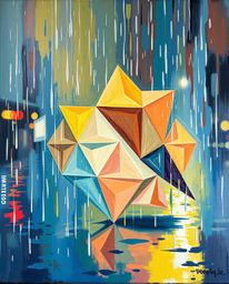 This striking acrylic painting captures the essence of a wet, rainy scene with a unique 3D geometric pattern reminiscent of f