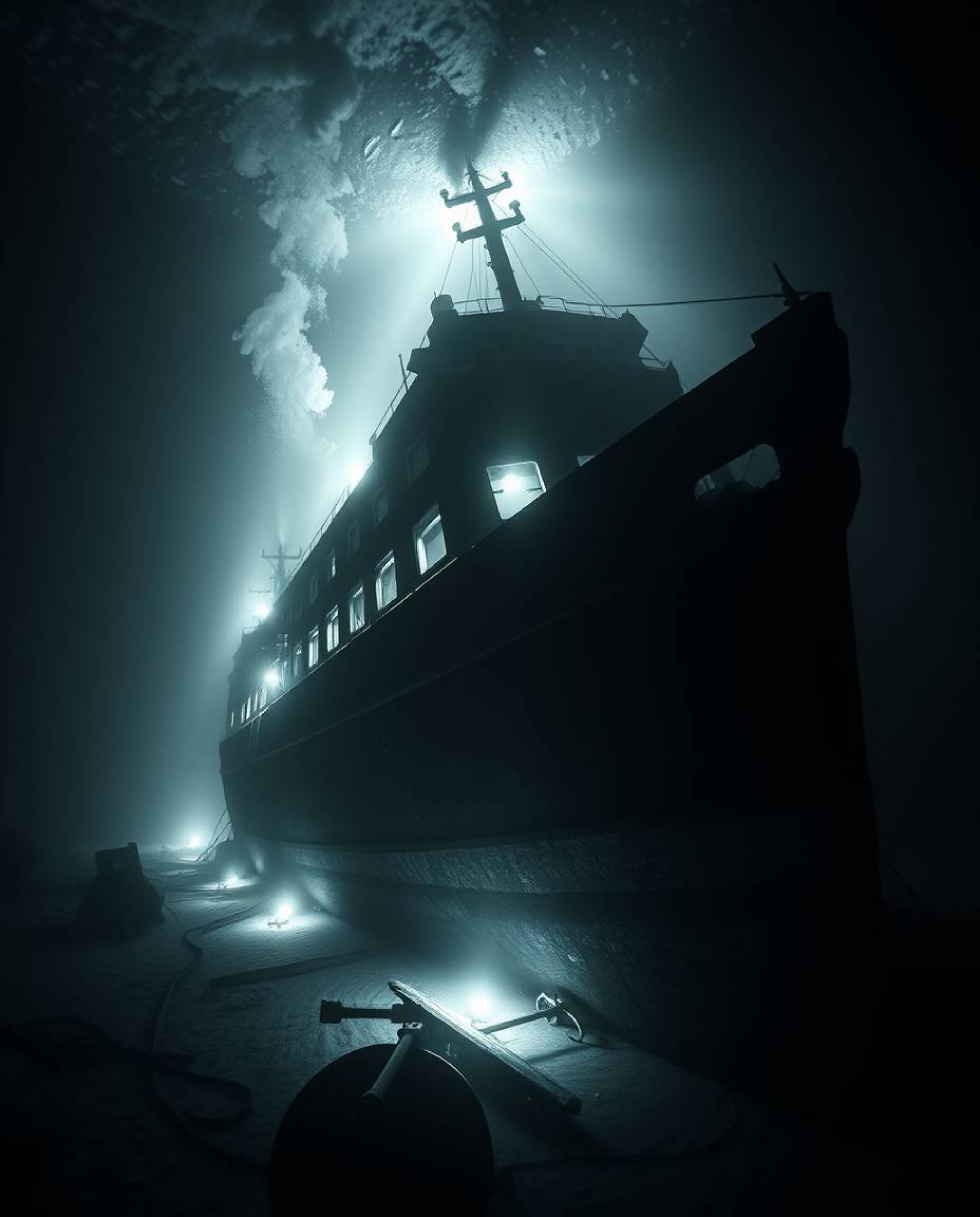 Explore the depths with this stunning black and white image of a shipwreck, bathed in dramatic underwater lighting.  The hero
