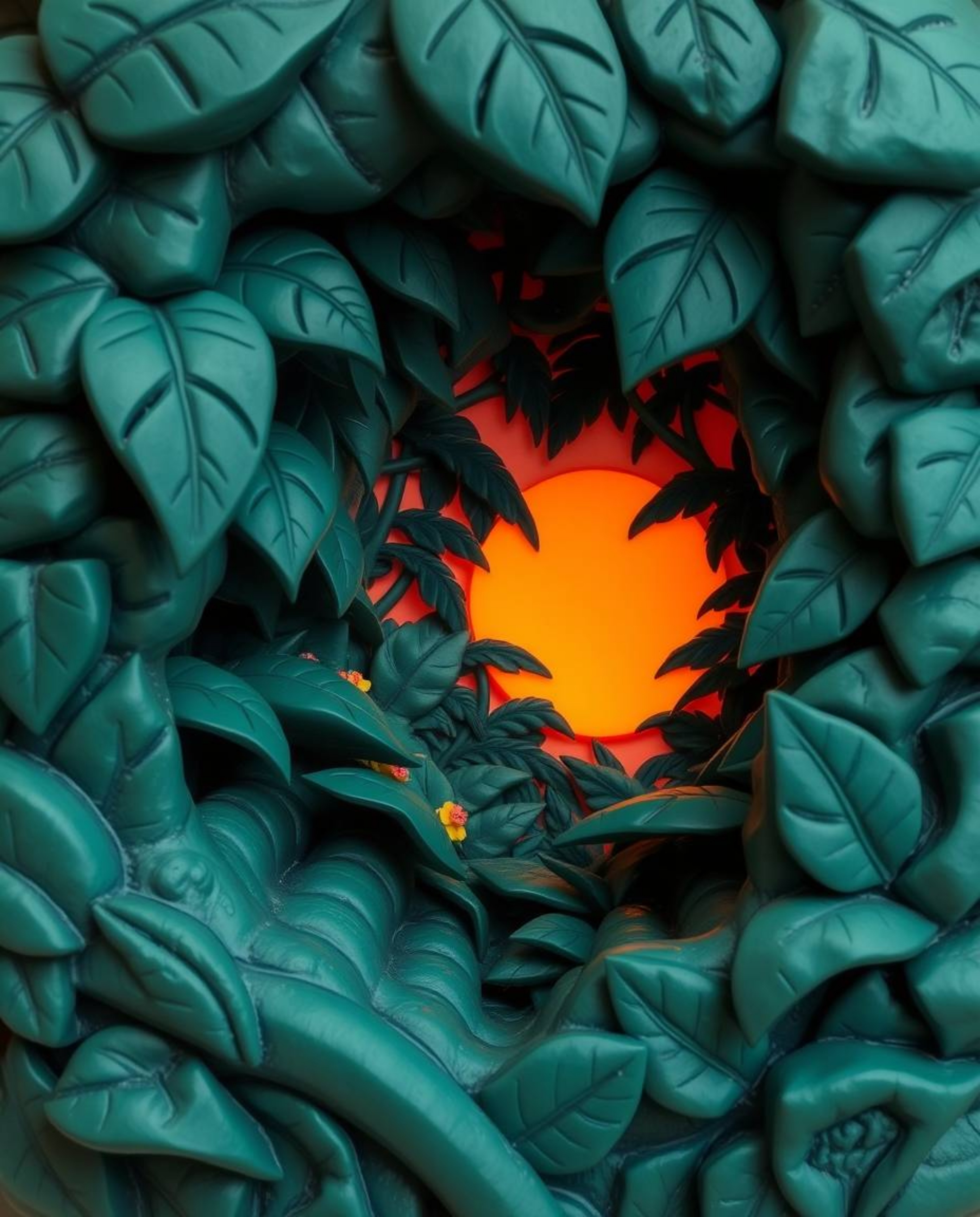 A sculptural clay art piece in rich deep teal, depicting a sunset seen through a dense jungle canopy. The artwork is defined 