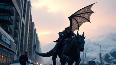 Discover captivating street photography blended with a fantastical scene of a dragon and its rider soaring above icy peaks.  