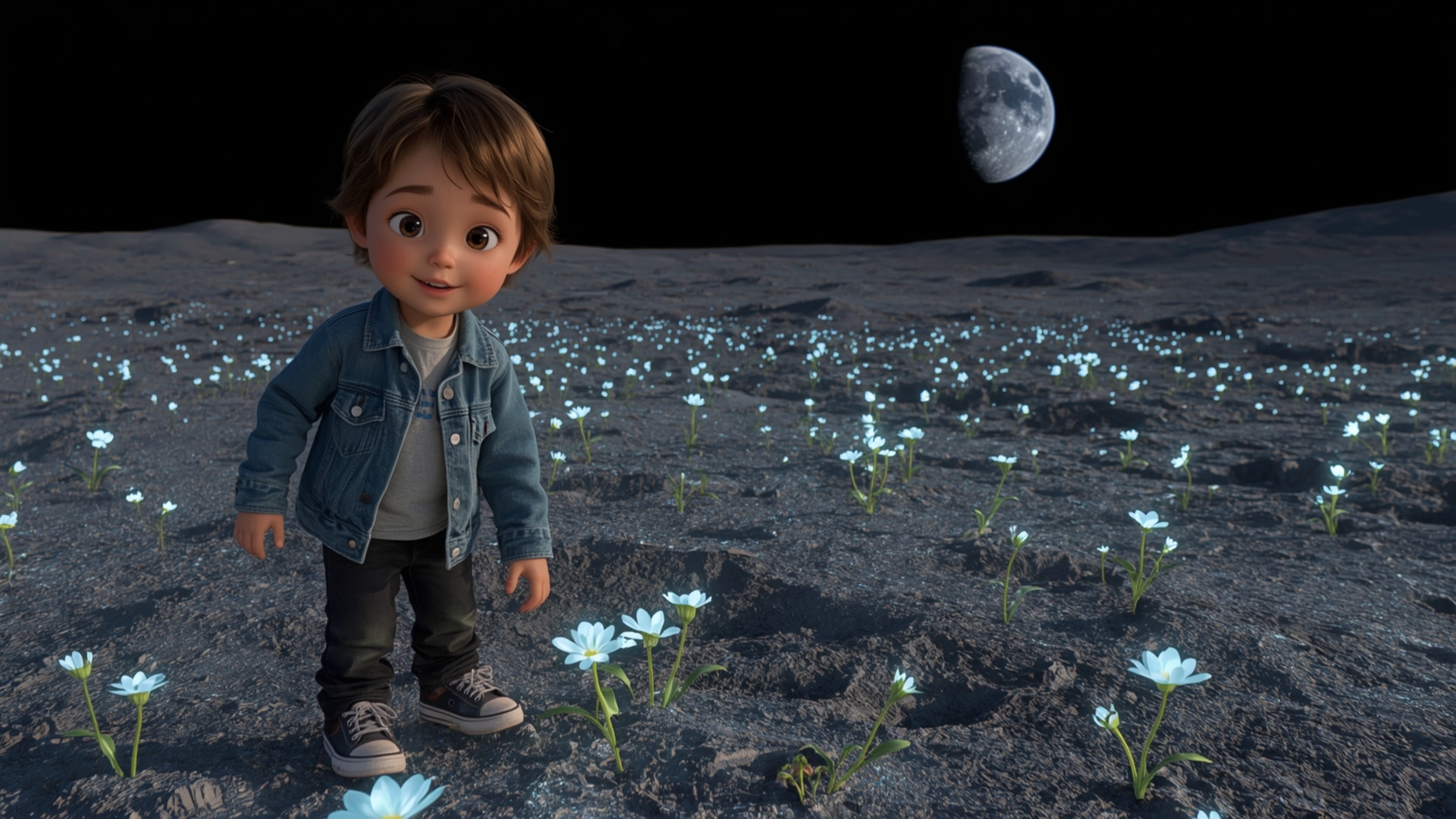 Step into a heartwarming, cinematic scene reminiscent of Pixar's magic. A curious, freckled-faced kid with a beaming smile st