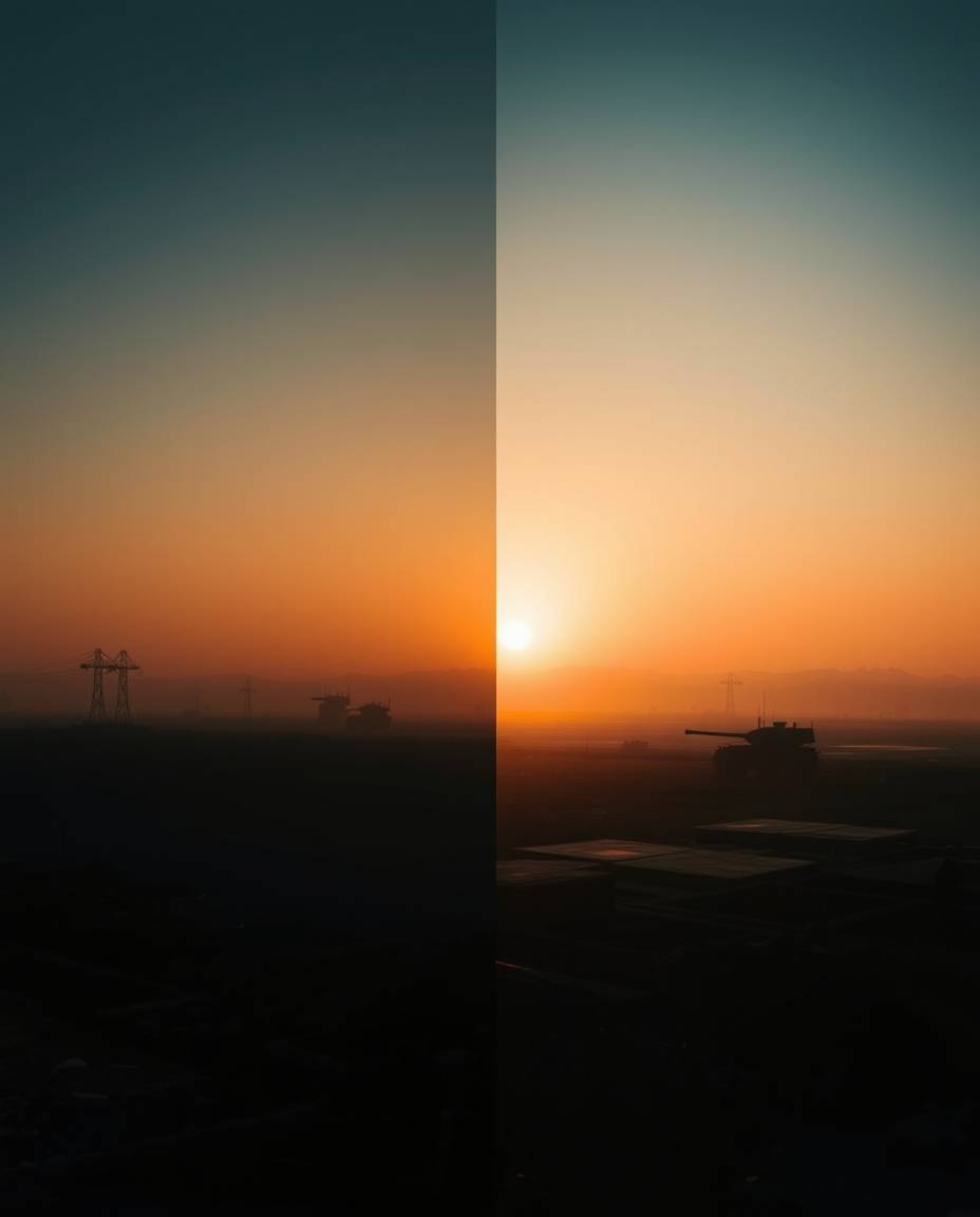 A captivating cinematic sunrise over a war-torn landscape.  The image features a striking split focus, with a sharp foregroun