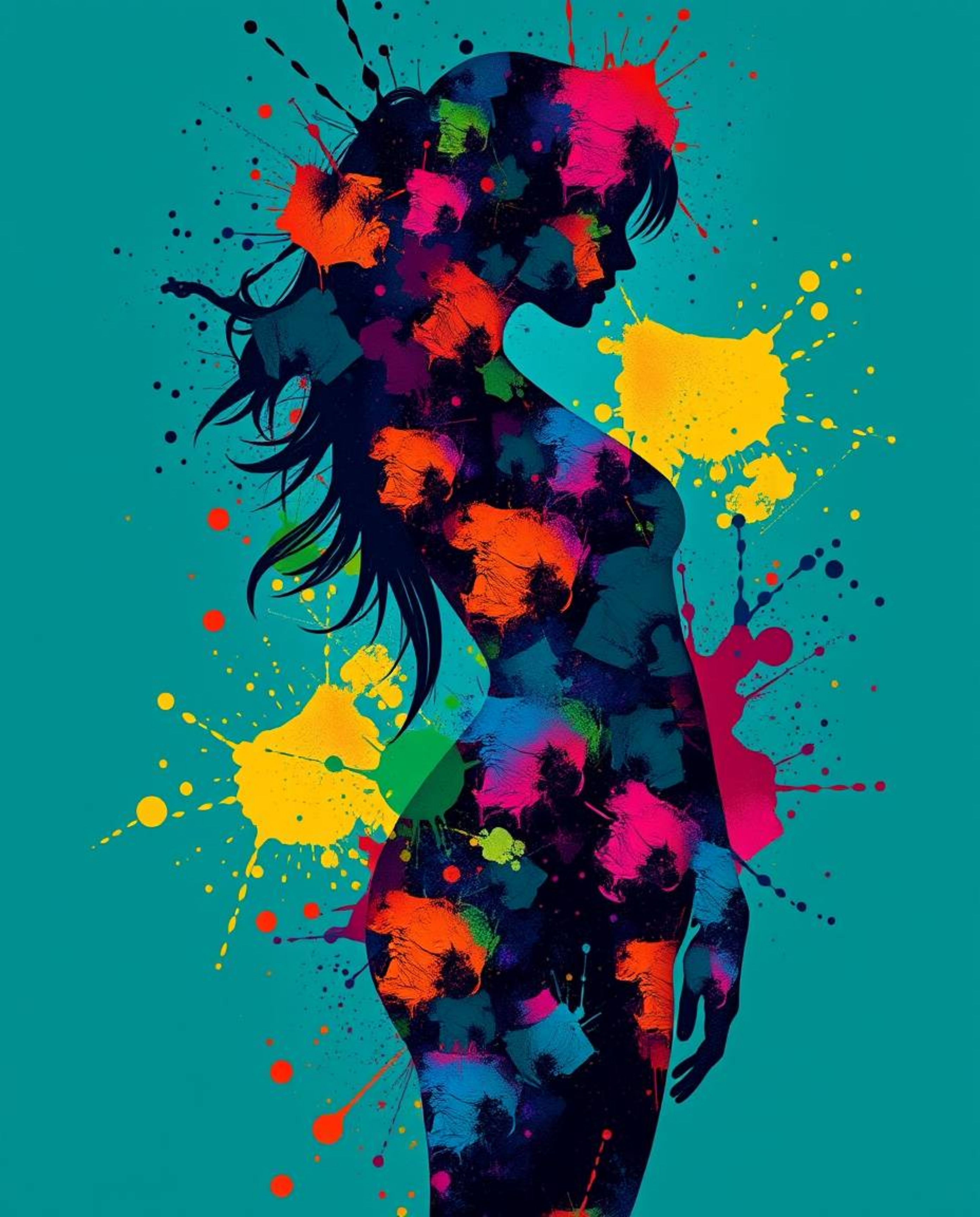 A luxurious and vibrant human silhouette emerges from a captivating dance of colorful splash patterns, rendered in a modern a