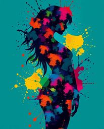 A luxurious and vibrant human silhouette emerges from a captivating dance of colorful splash patterns, rendered in a modern a