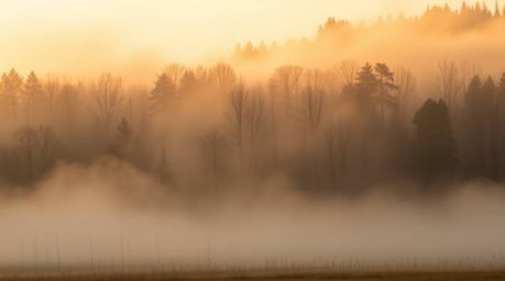 Capture the graceful and elegant mist rising from a forest during the golden hour, showcasing natural earth tones like browns