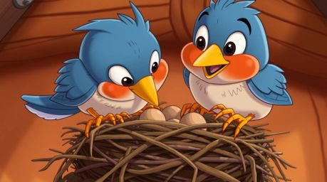 A captivating close-up reveals two charming cartoon birds meticulously constructing their nest. Rendered in a classic animat