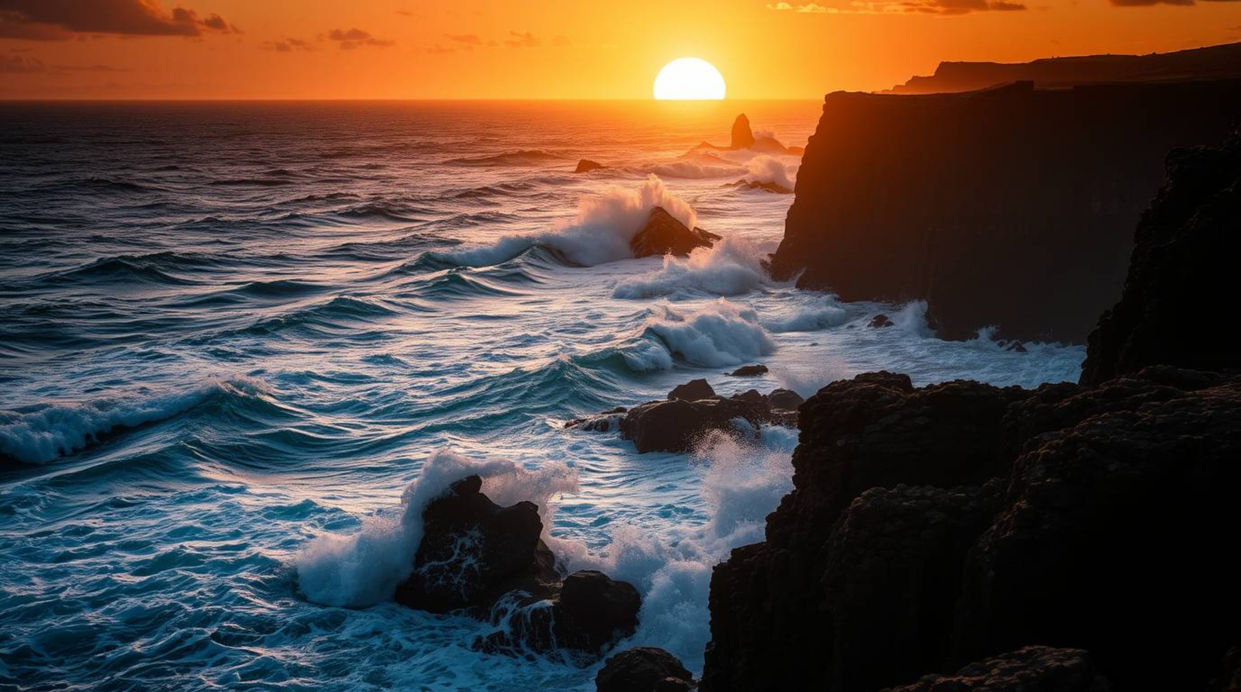 Experience the raw power of nature in this series of images depicting waves crashing against rugged cliffs beneath a blazing 