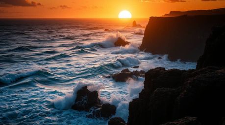 Experience the raw power of nature in this series of images depicting waves crashing against rugged cliffs beneath a blazing 