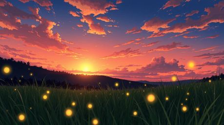 A captivating isekai-style anime illustration depicts a breathtaking sunset over a tranquil meadow, where fireflies begin to 