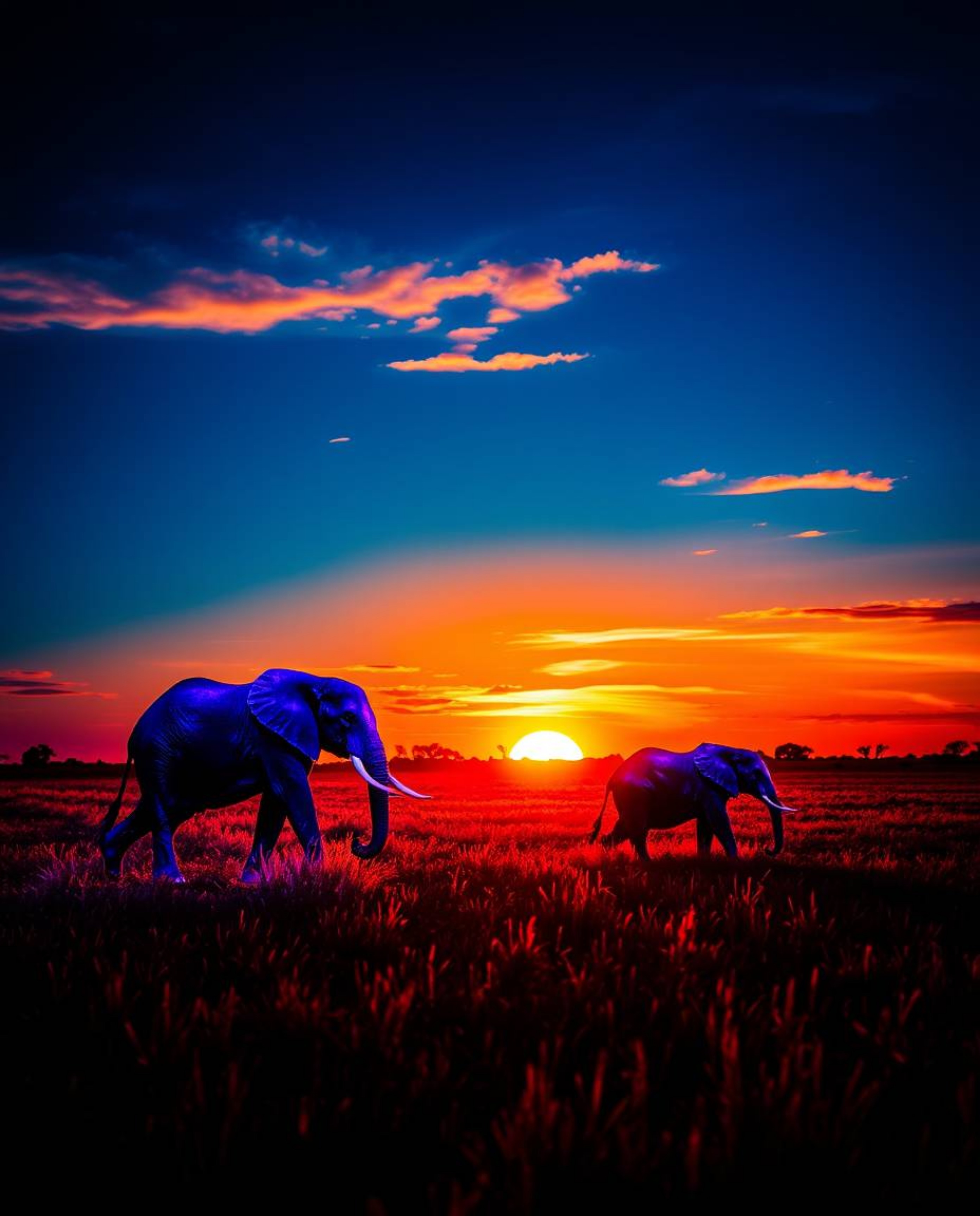 This is a creative light art piece that vividly captures elephants walking across a field at sunset. The artwork is defined b