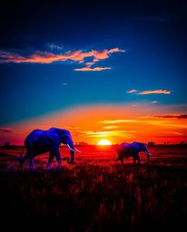 This is a creative light art piece that vividly captures elephants walking across a field at sunset. The artwork is defined b