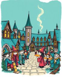 A charming hand-drawn sketch depicting a magical school teeming with young wizards, rendered in rich deep teal hues and an ad
