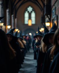 A candid street photography shot captures the enchanting atmosphere of a magical school brimming with young wizards. The imag