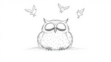 A heartwarming hand-drawn sketch in the style of Pixar depicts a blind owl, characterized by soft, feathery textures, resting