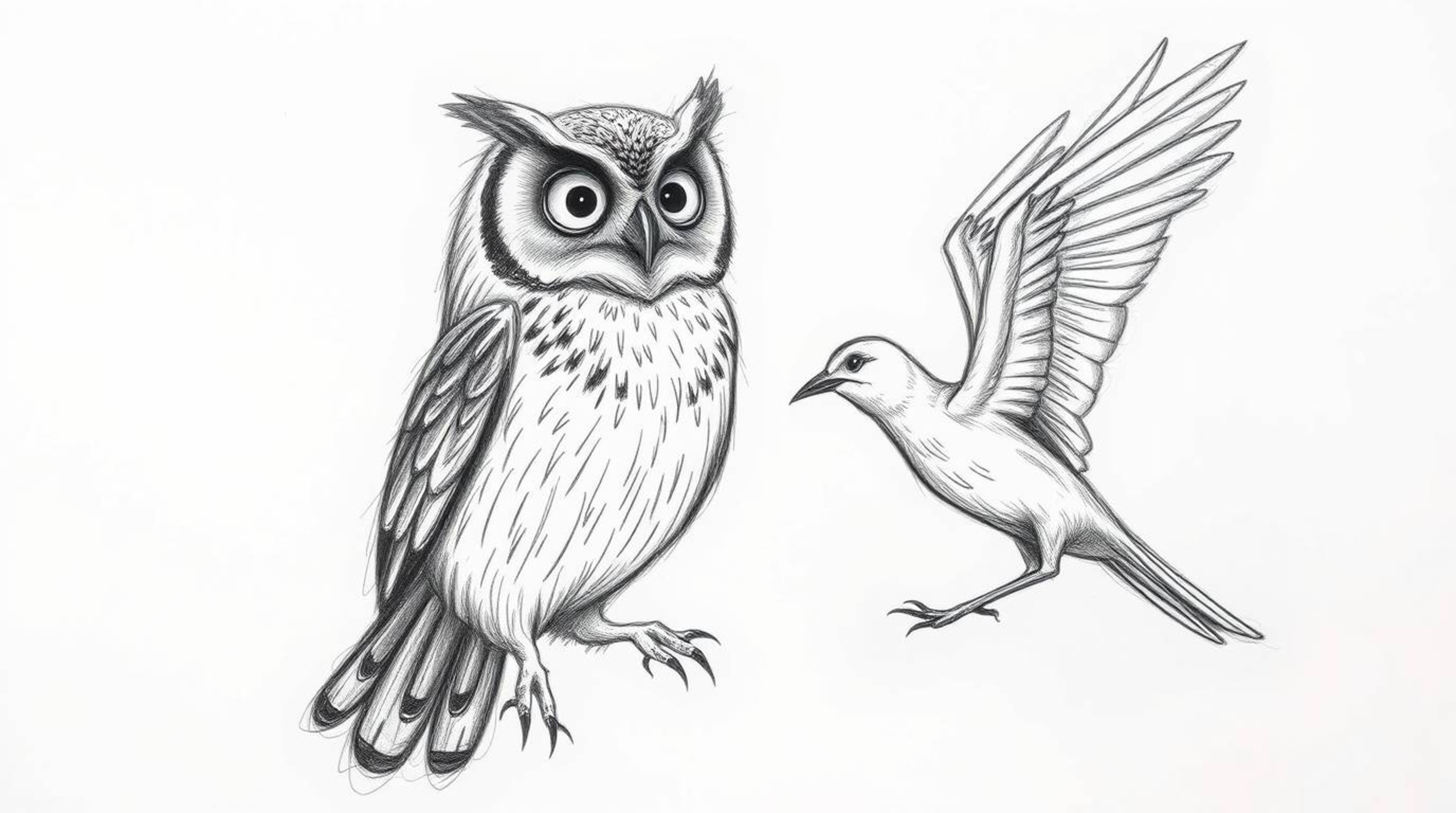 A rough, textured pencil sketch in Pixar style depicts a blind owl teaching birds harmonious synchronized flight.  Against a 