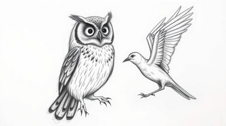 A rough, textured pencil sketch in Pixar style depicts a blind owl teaching birds harmonious synchronized flight.  Against a 