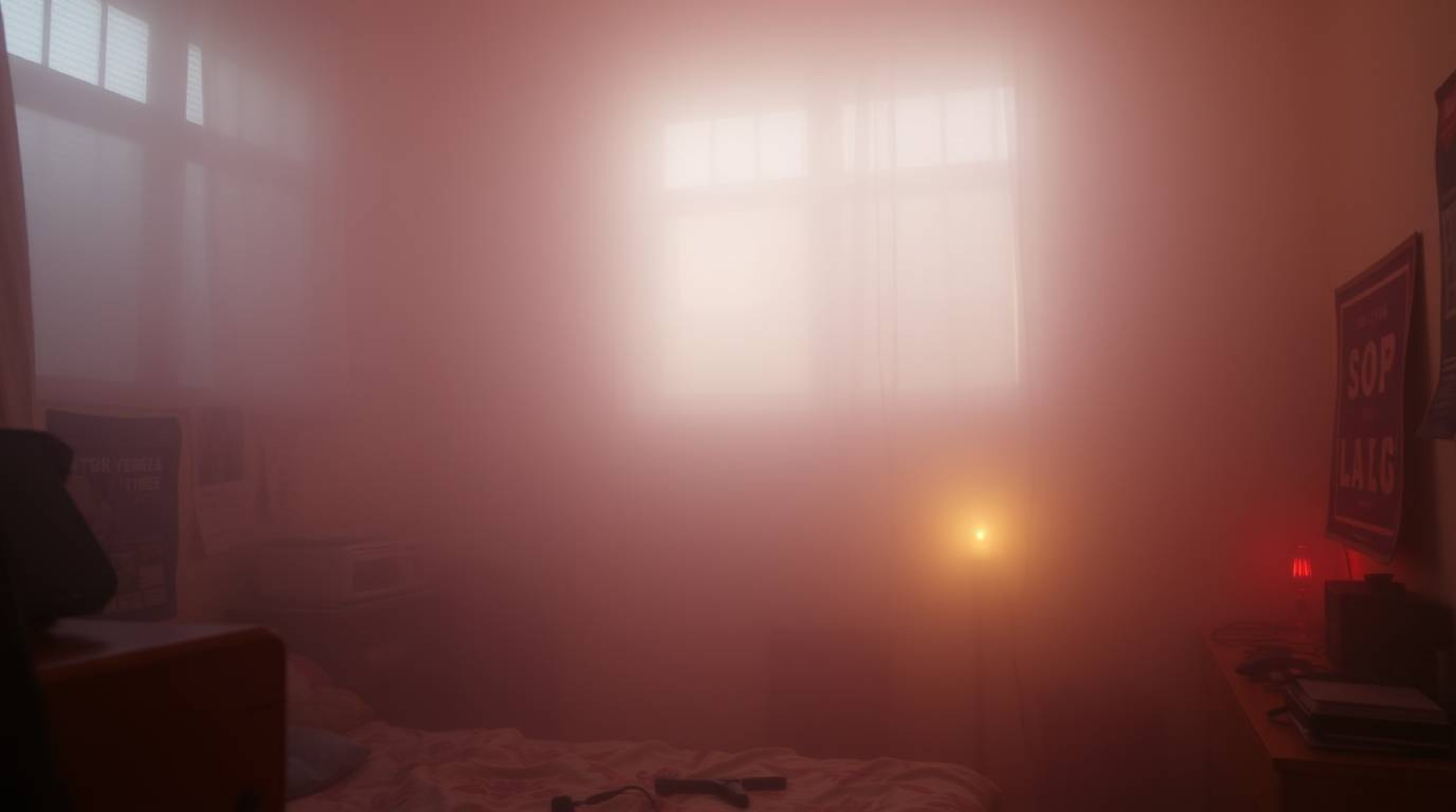 Immerse yourself in a dreamy, hazy atmosphere. This image showcases a messy bedroom filled with unusual gadgets and posters, 