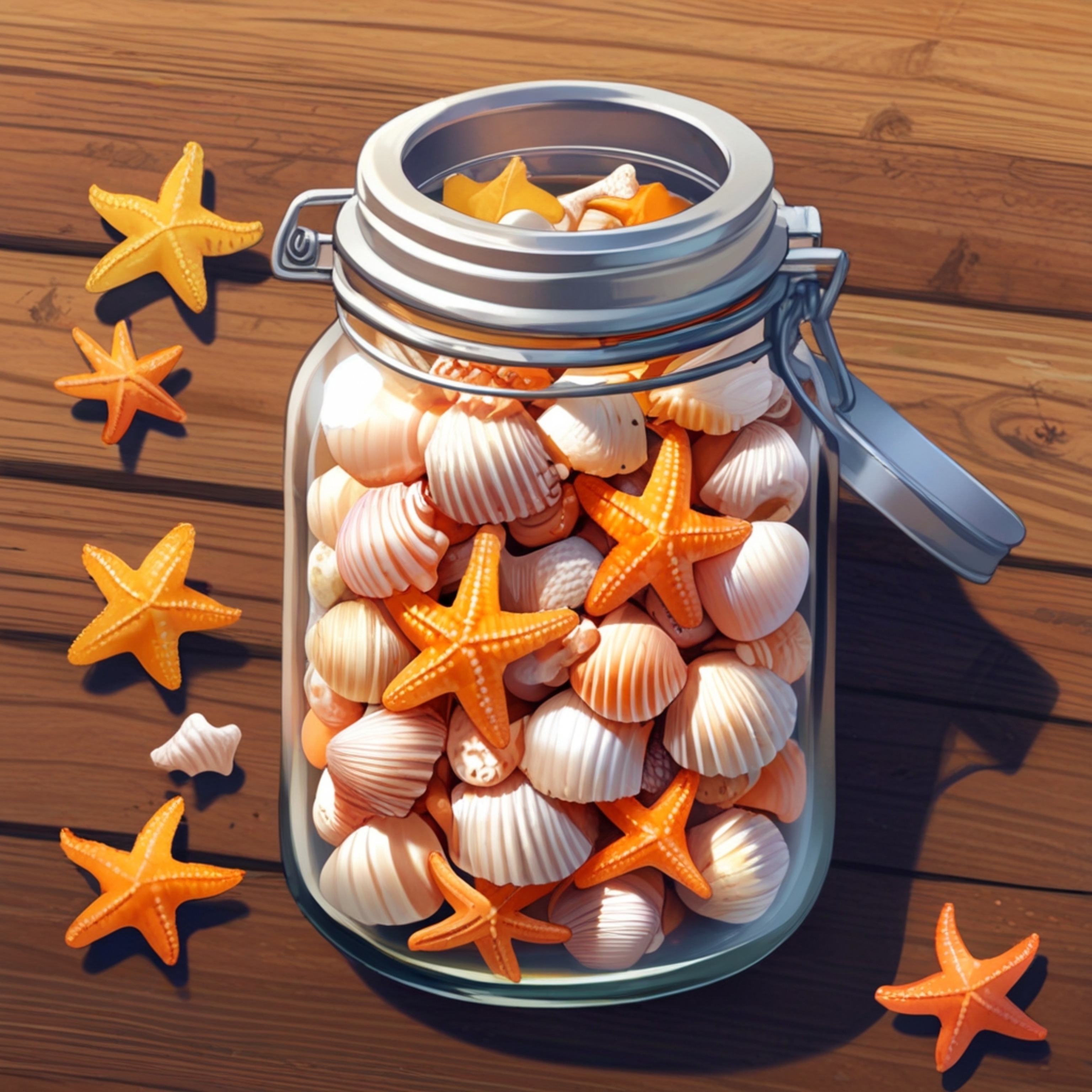 A charming collection of seashells and starfish meticulously arranged in a clear glass jar, creating a beautiful coastal acce