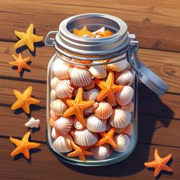 A charming collection of seashells and starfish meticulously arranged in a clear glass jar, creating a beautiful coastal acce