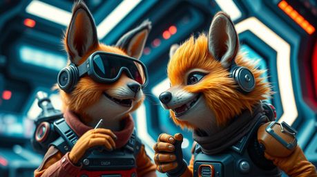 A vibrant macro close-up captures two talking animals embroiled in mischief within a futuristic sci-fi setting.  The image sh