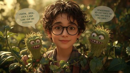 In a cinematic, warm-toned photograph inspired by Pixar's whimsical style, a bright-eyed young genius with curly hair and fre