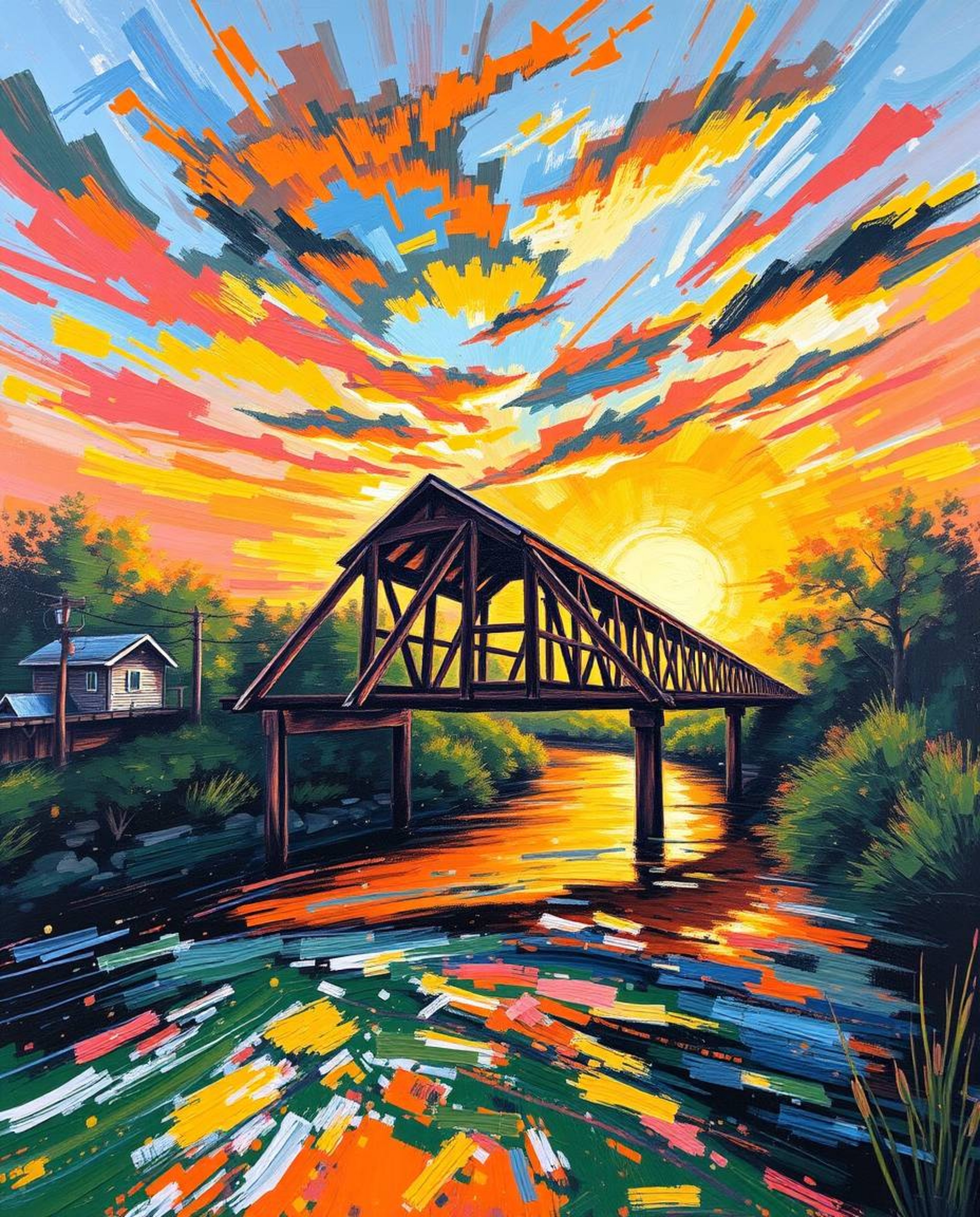 A dynamic and bold acrylic painting captures an old wooden bridge over a river at sunset. The artwork showcases vibrant color