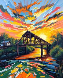A dynamic and bold acrylic painting captures an old wooden bridge over a river at sunset. The artwork showcases vibrant color