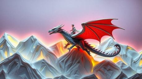 A stunning layered papier-mâché artwork depicting a dragon and rider soaring above icy mountains.  The scene is rendered with