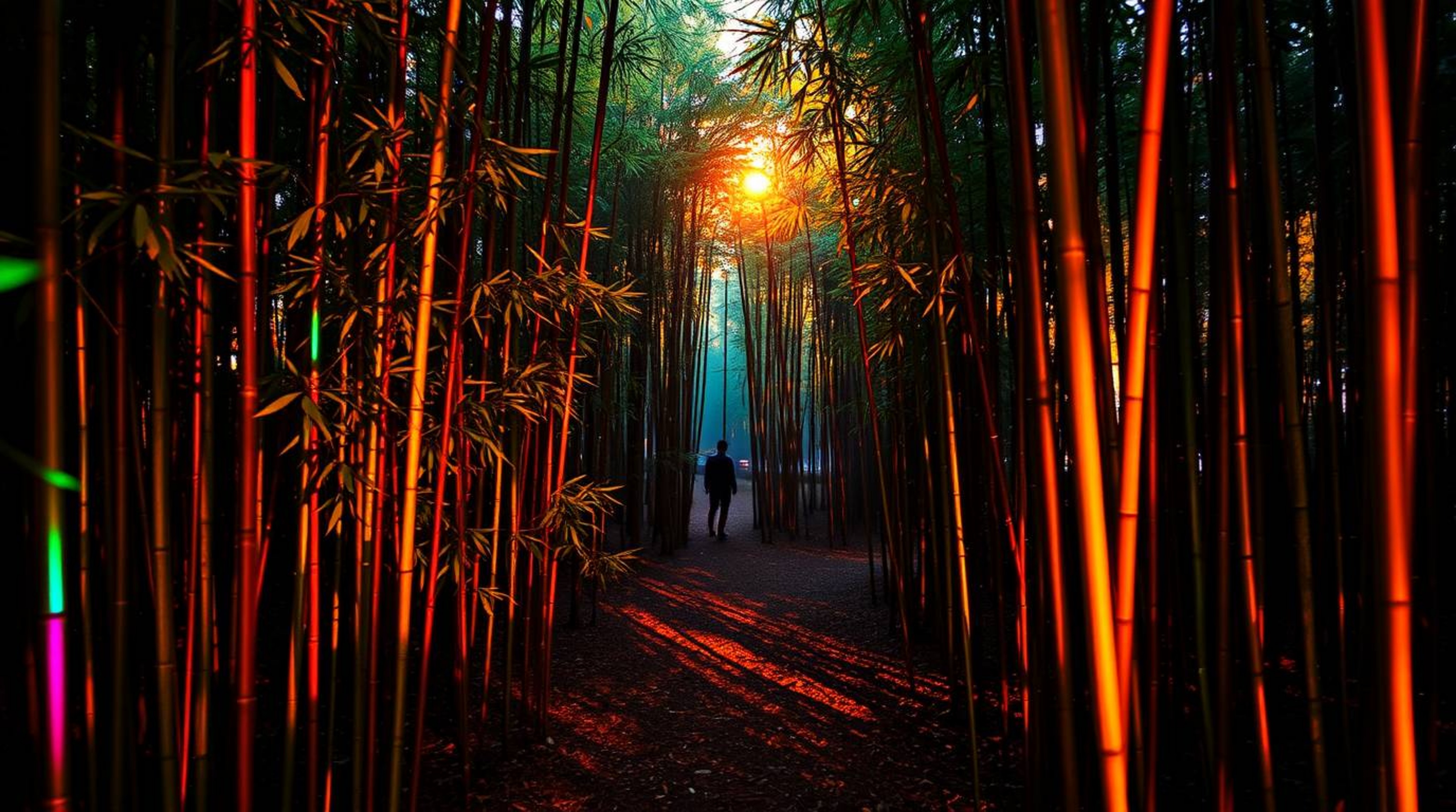 Experience the magic of an iridescent bamboo forest bathed in the warm light of a setting sun. Shimmering reflections dance a