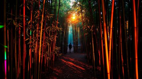 Experience the magic of an iridescent bamboo forest bathed in the warm light of a setting sun. Shimmering reflections dance a