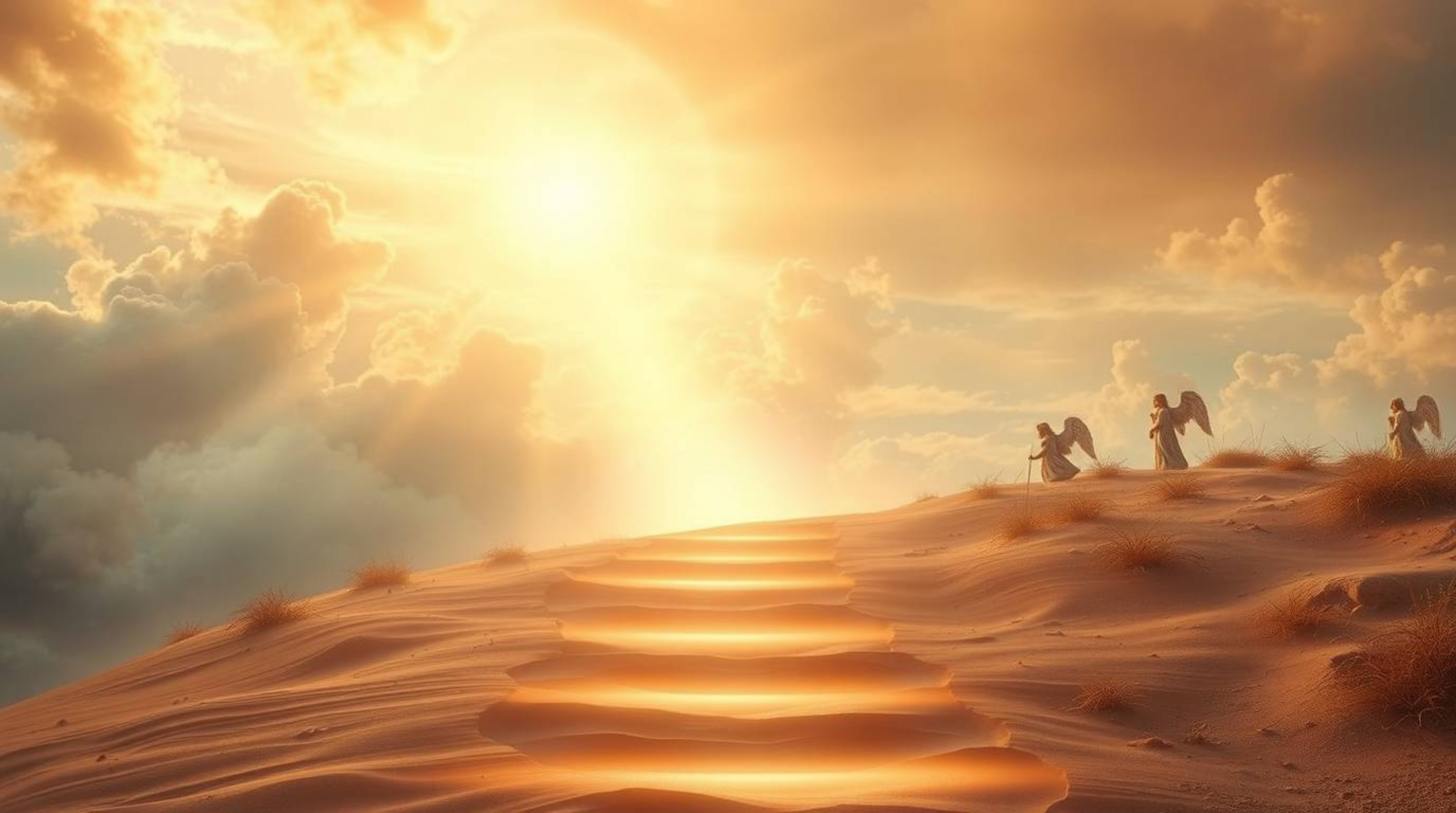 Experience a dreamlike and peaceful scene bathed in natural earth tones and glowing bioluminescence. Steps of light ascend in