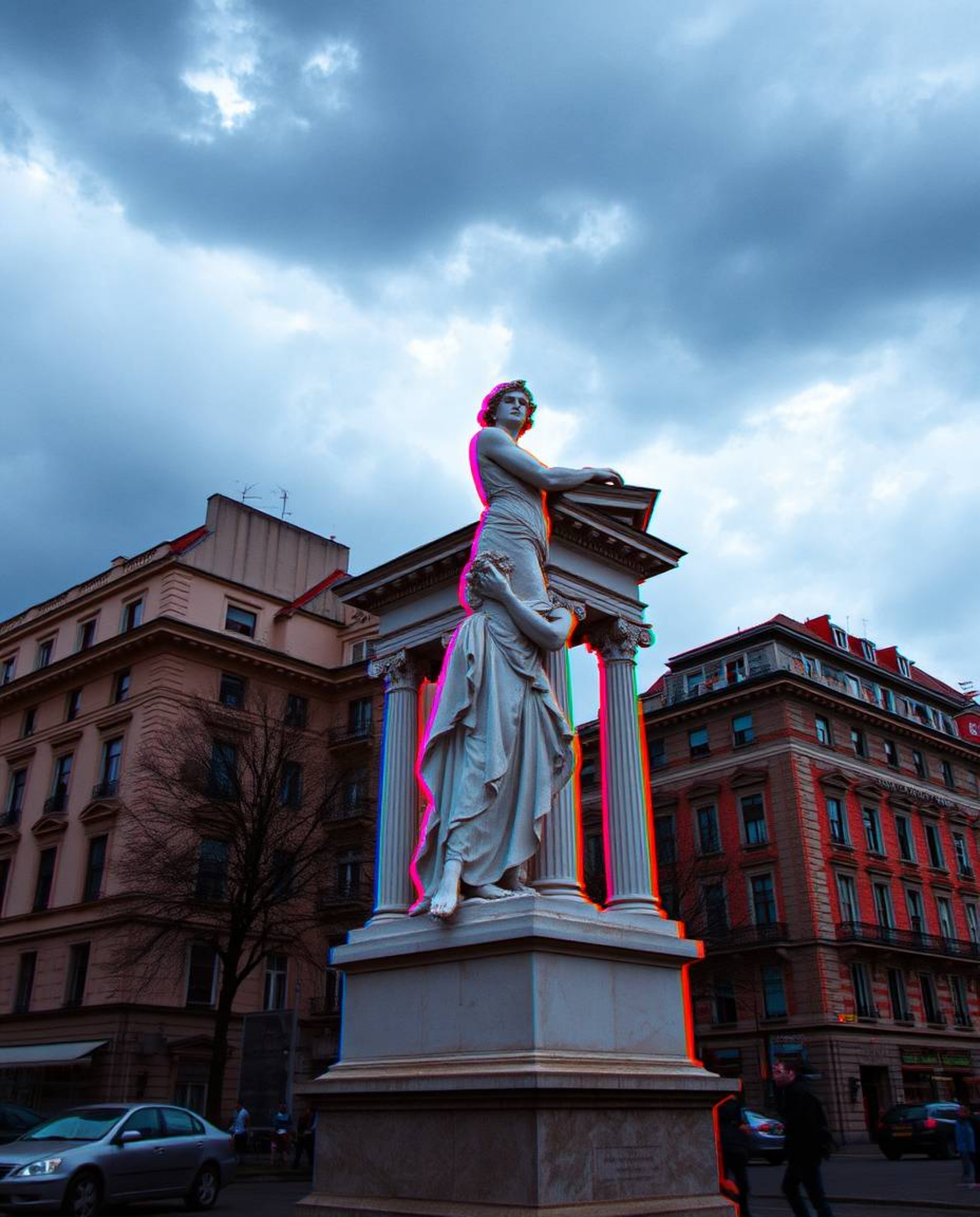 A captivating blend of classical sculpture and vibrant glitch art. This image captures a candid street photography moment, se