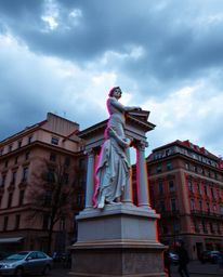 A captivating blend of classical sculpture and vibrant glitch art. This image captures a candid street photography moment, se