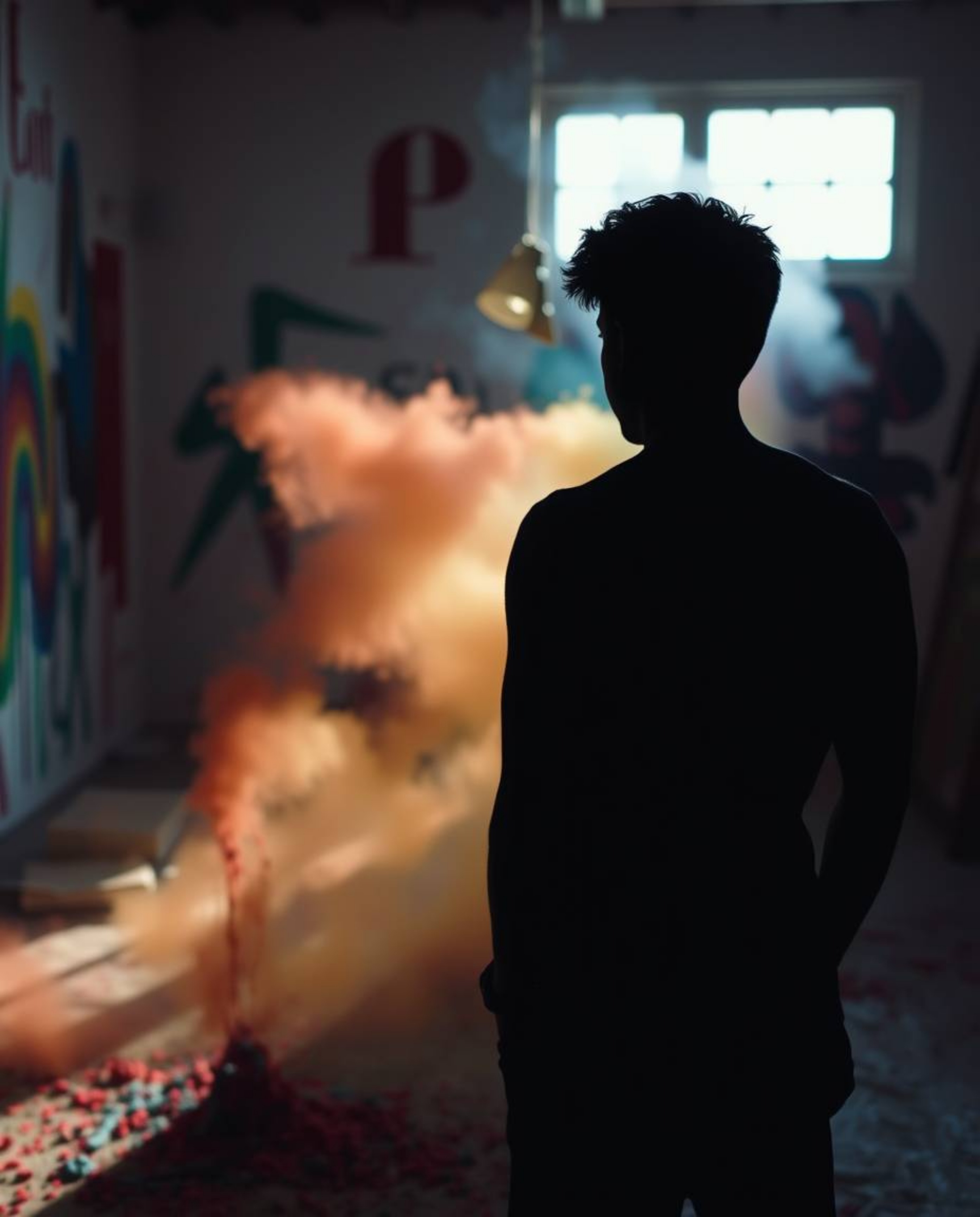 This image captures a room bursting with vibrant paint, featuring a backlit silhouette that creates a strong contrast between