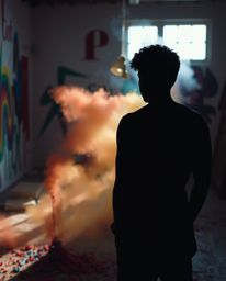 This image captures a room bursting with vibrant paint, featuring a backlit silhouette that creates a strong contrast between