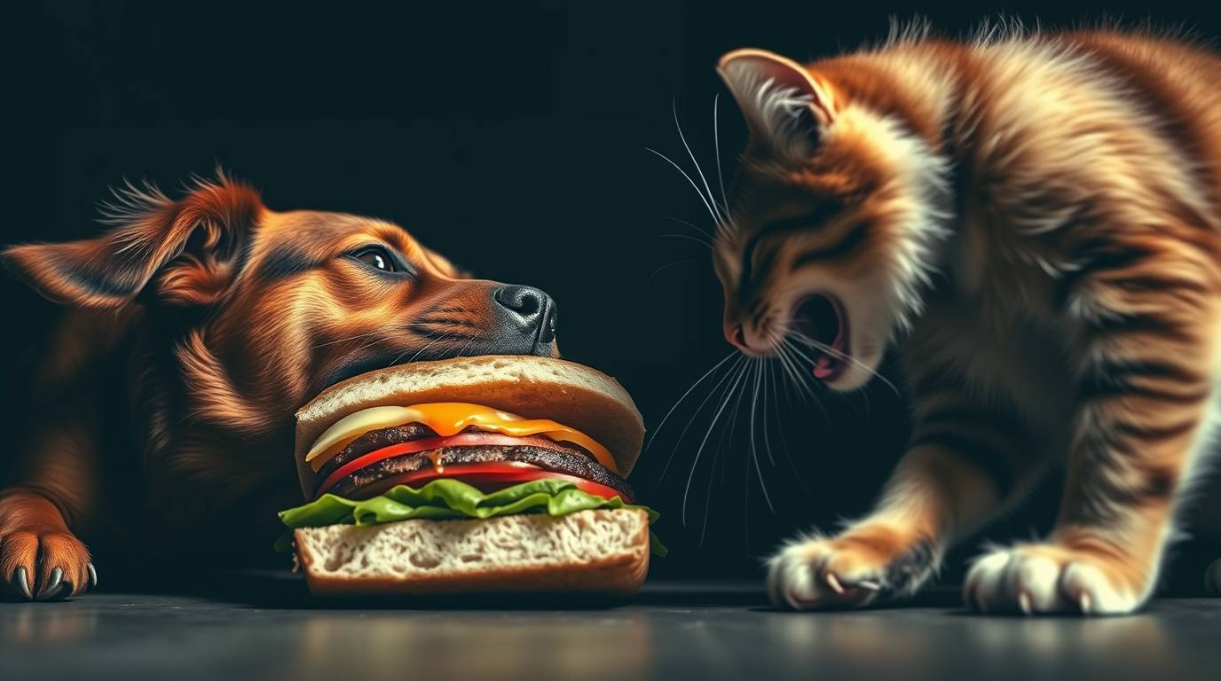 A dramatic low-angle view captures the intense struggle between a dog and a cat as they vie for possession of a massive sandw