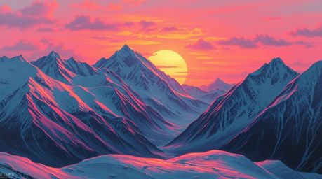 A captivating 16:9 artwork depicts snow-covered mountains bathed in the soft glow of a pastel sunset.  The vibrant, energetic