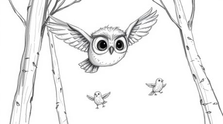 A captivating hand-drawn sketch in the style of Pixar depicts a blind owl with soft, expressive features gracefully gliding b