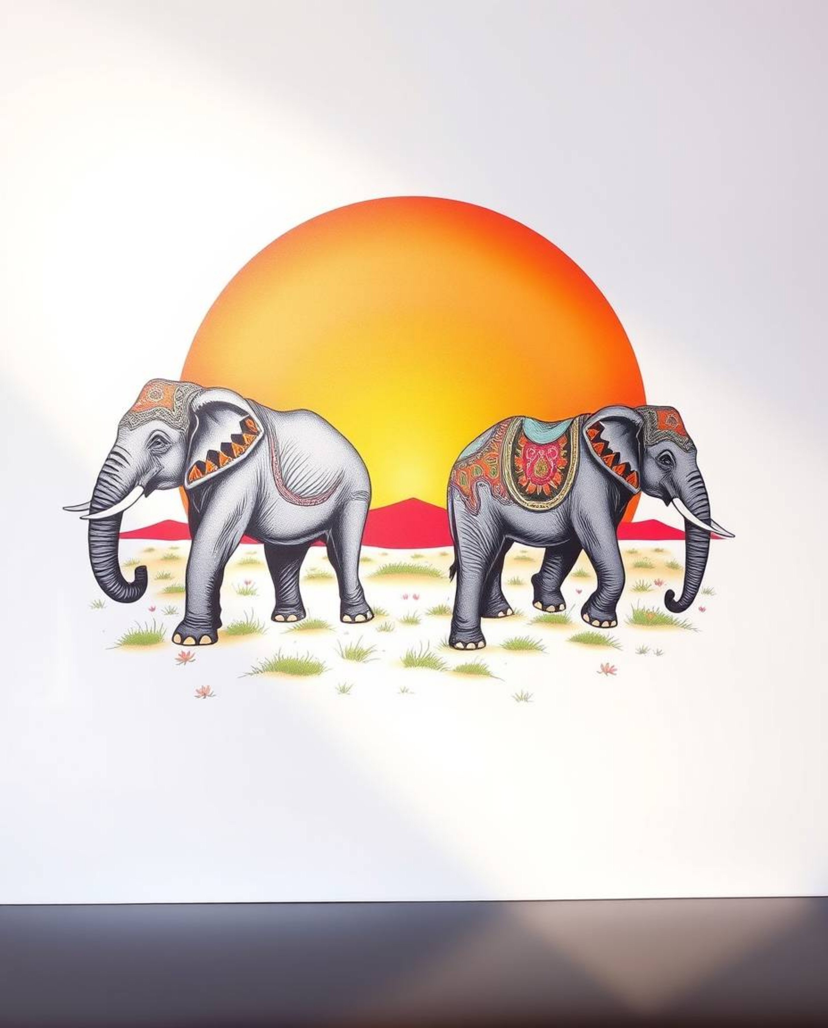 This is a traditional tattoo art print featuring elephants walking across a sunset field, illuminated by gentle, soft light. 