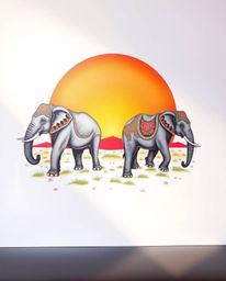 This is a traditional tattoo art print featuring elephants walking across a sunset field, illuminated by gentle, soft light. 