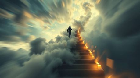 A mesmerizing dynamic motion study depicts a winding stairway formed from smoke and light, ascending into a vast, cloudy sky,