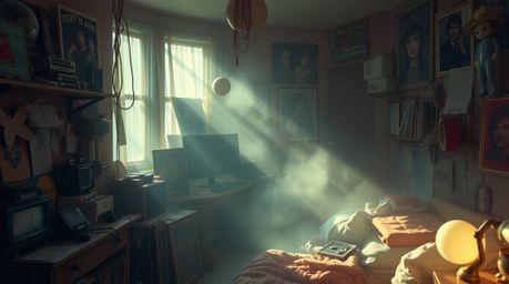 Immerse yourself in a dreamy, hazy vision of a messy bedroom overflowing with intriguing gadgets and captivating posters. Bat