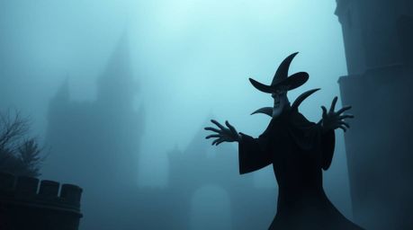 A classic Disney villain conjures a spell within the eerie confines of an ancient, fog-shrouded castle. The image evokes a st