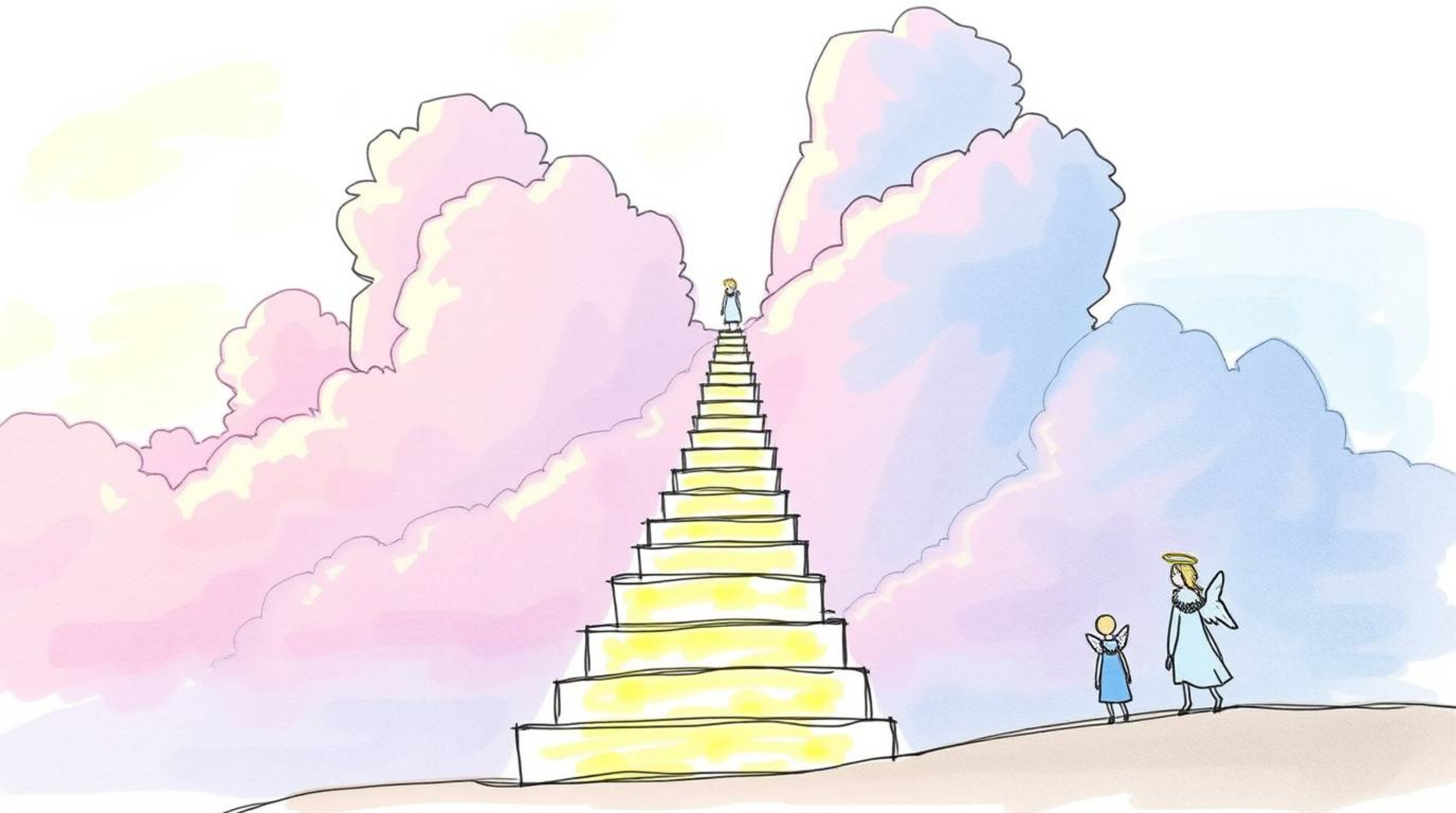 Explore a hand-drawn color sketchnote depicting light steps ascending into a cloudy sky, where angelic figures watch from the